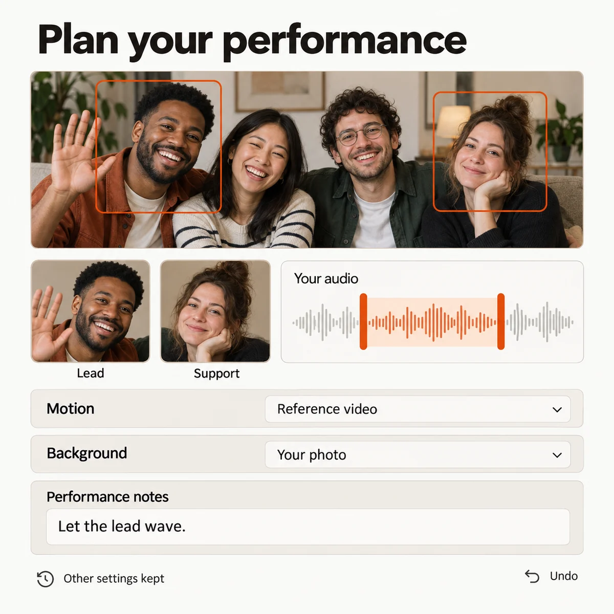 Concept dell'interfaccia Migos AI con performer selezionati da una foto di gruppo, assegnazioni Lead e Support, riferimenti di movimento e audio, controlli dello sfondo e modifiche salvate.