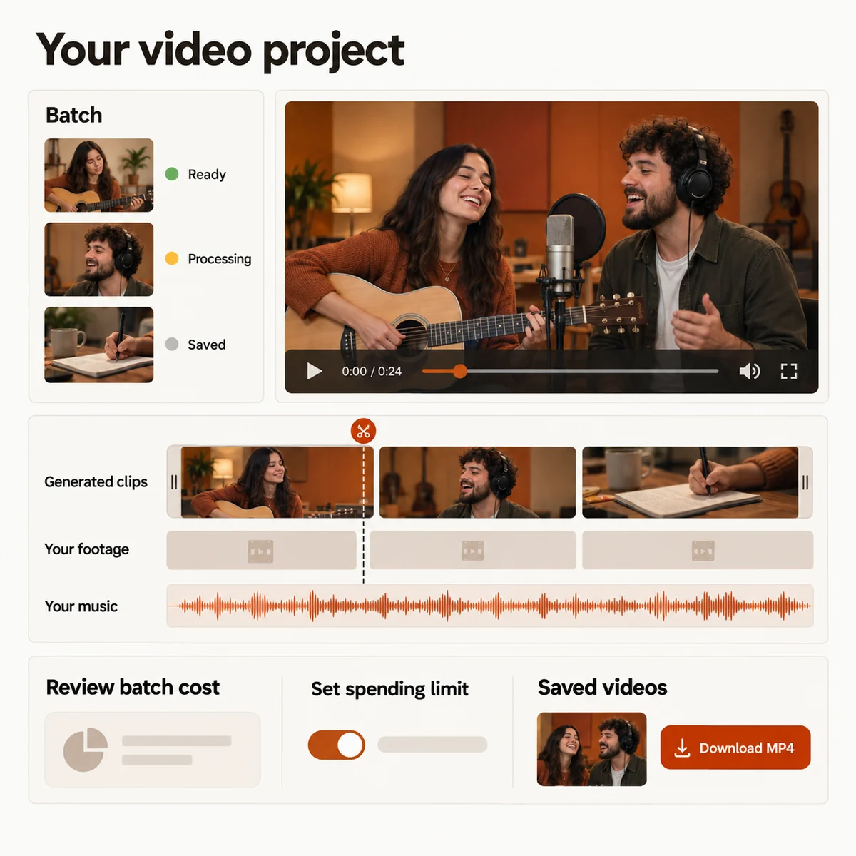 Concept dell'interfaccia Migos AI con suggerimenti di recupero, nuovi tentativi per segmento, avanzamento dei lavori in batch, timeline di clip generate e filmati personali, musica, impostazioni di budget e download MP4.